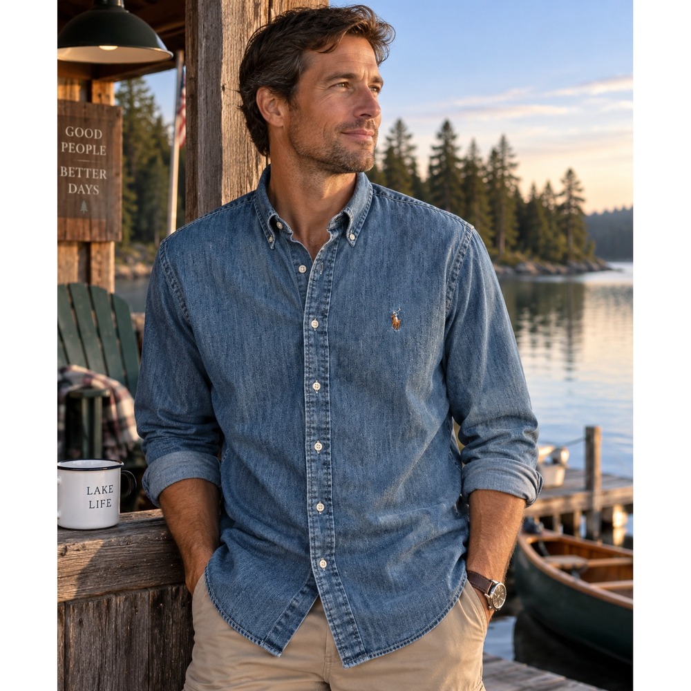 Polo Ralph Lauren Shirt Mens L Chambray Flesh Pony Button Down Blue